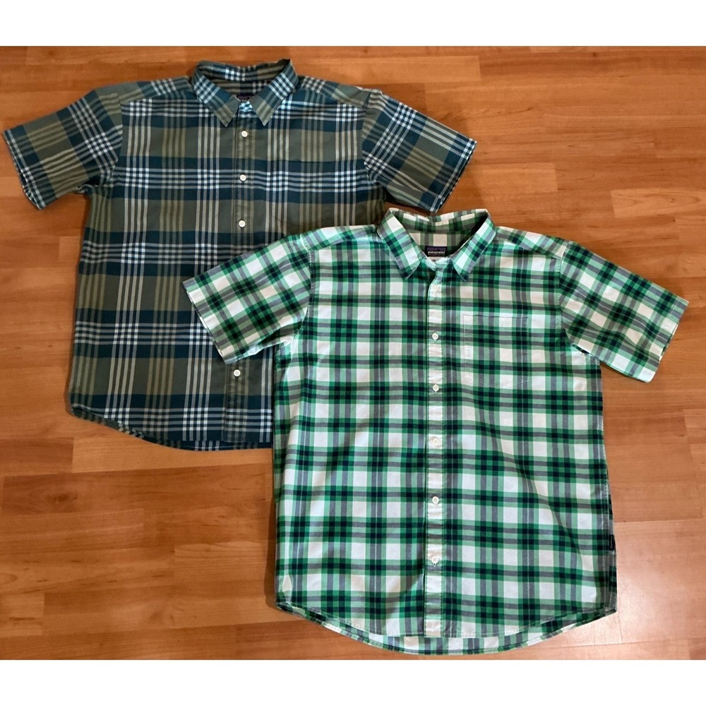 Patagonia Organic Cotton Plaid Short Sleeve Button‎ Shirts Mens Size L Lot of 2